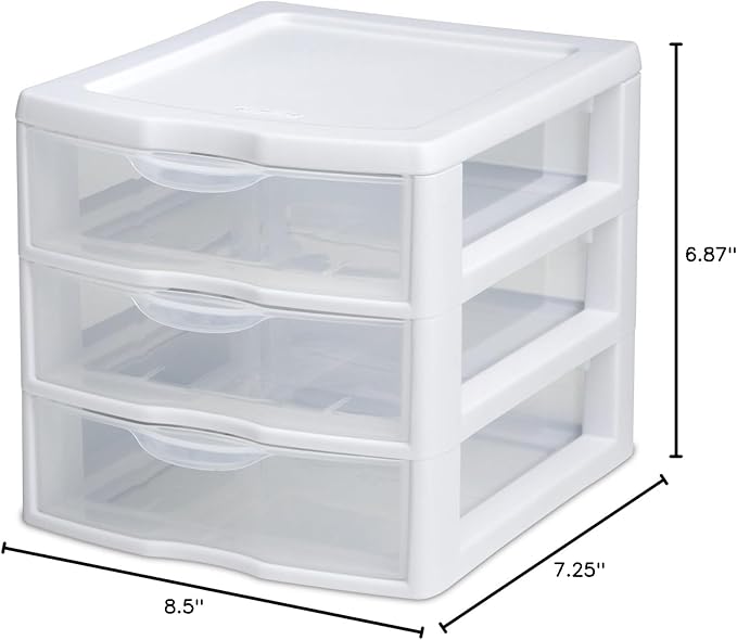 Sterilite 3 Drawer Mini Desktop Unit, Clear with White Frame