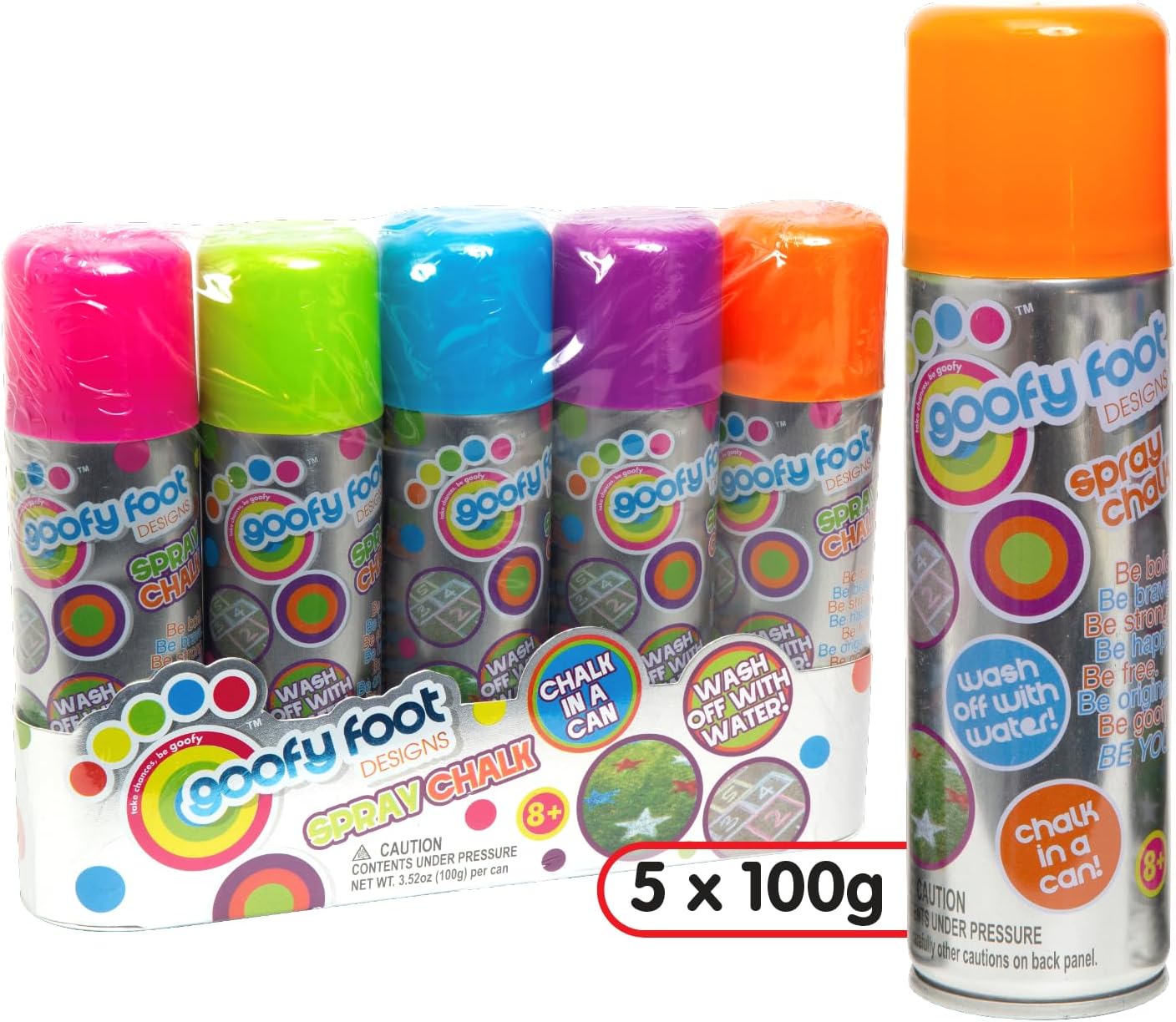 Kids Rainbow Spray Chalk, Water Washable, Bright Colors, 5 Pack