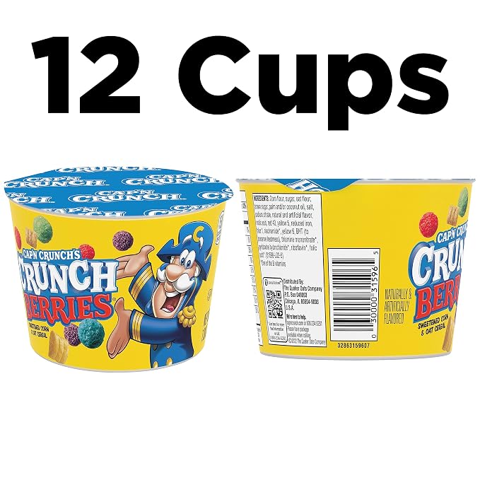 Cap'N Crunch Crunchberries Breakfast Cereal, 1.30 oz Individual Cups (12 Pack)