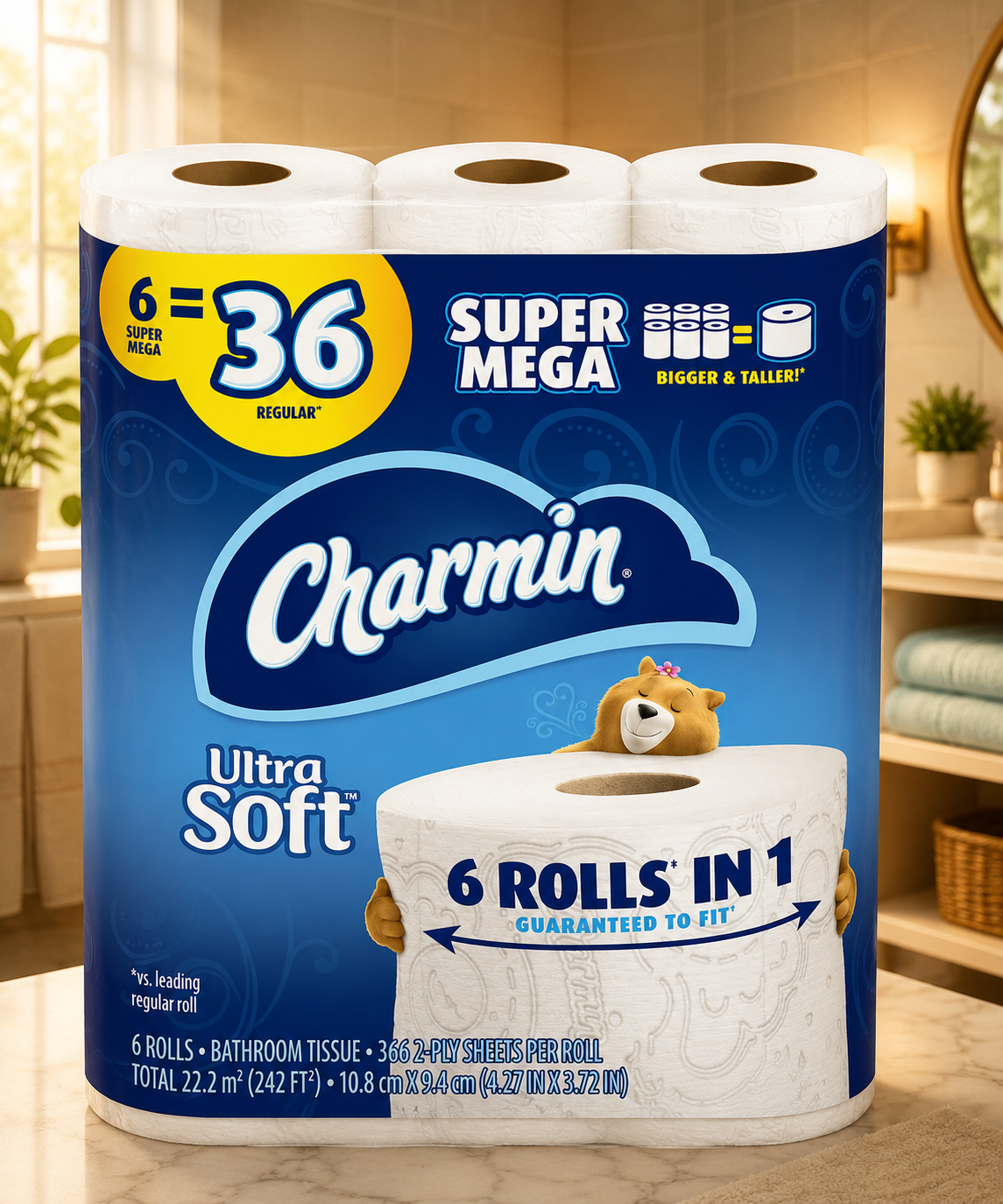 Charmin Ultra Soft Toilet Paper, 6 Super Mega Rolls = 36 Regular Rolls, 6 Count