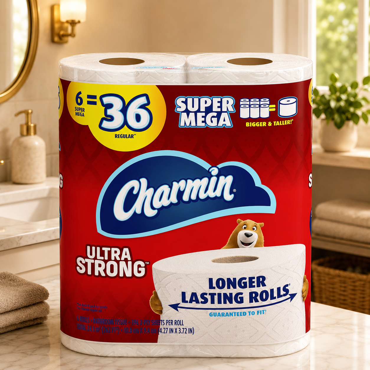 Charmin Ultra Strong Toilet Paper, 6 Super Mega Rolls = 36 Regular Rolls