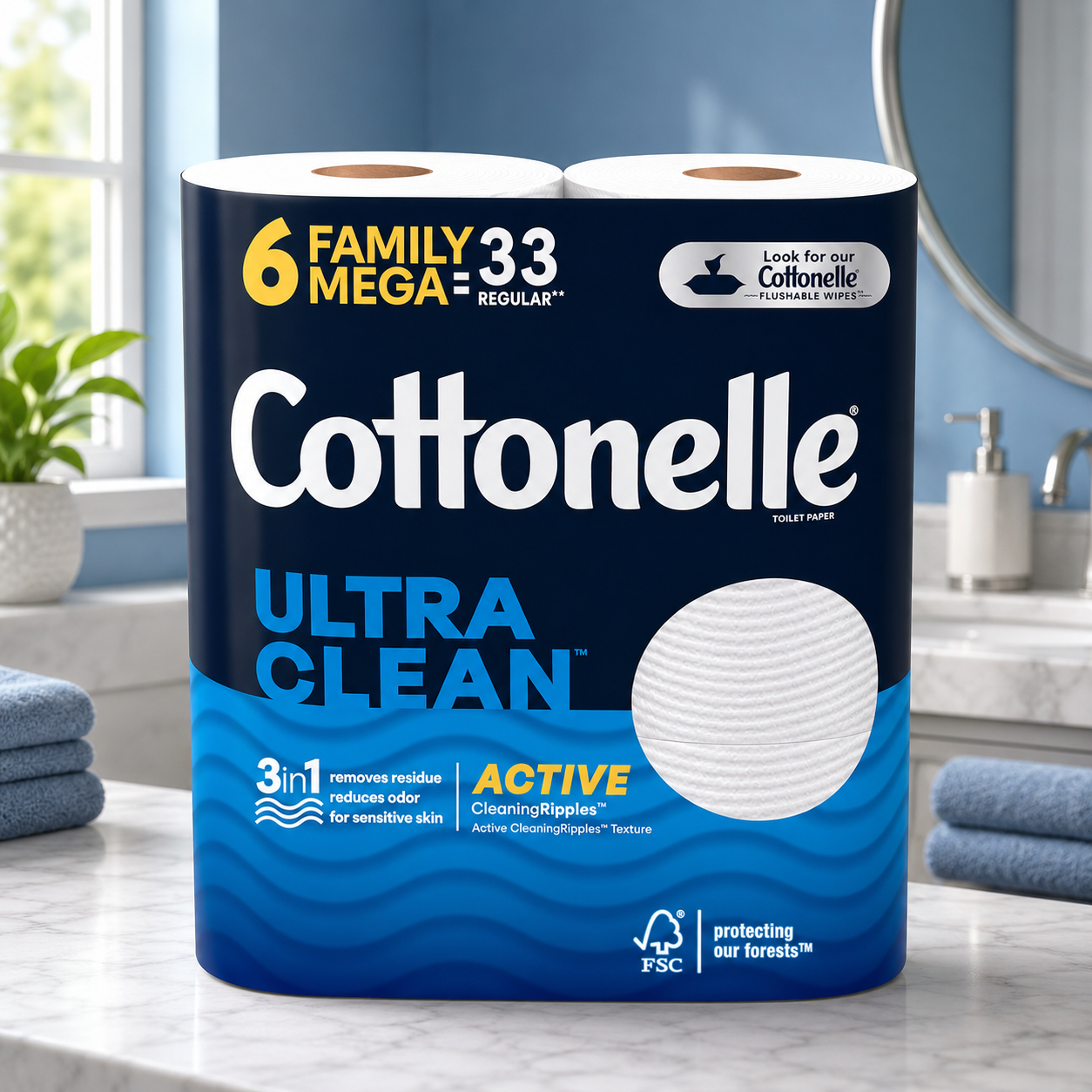 Cottonelle Ultra Clean Toilet Paper with Active CleaningRipples Texture, 6 Family Mega Rolls = 33 Regular Rolls