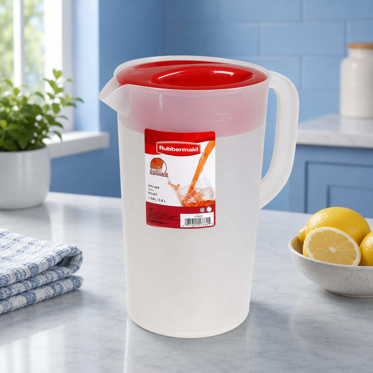 Rubbermaid Classic Pitcher, 1 Gallon, Clear Base, Red Lid