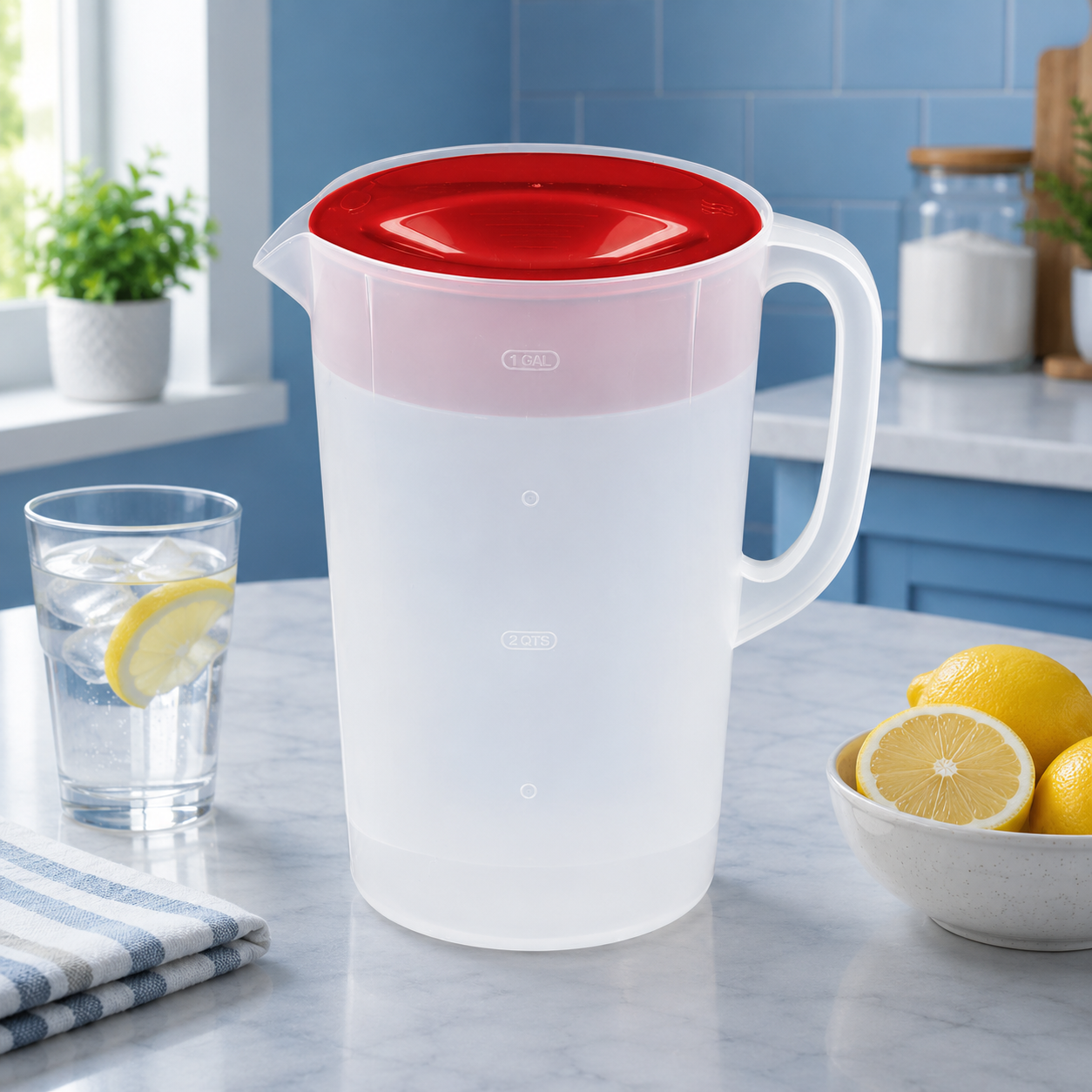 Rubbermaid Classic Pitcher, 1 Gallon, Clear Base, Red Lid