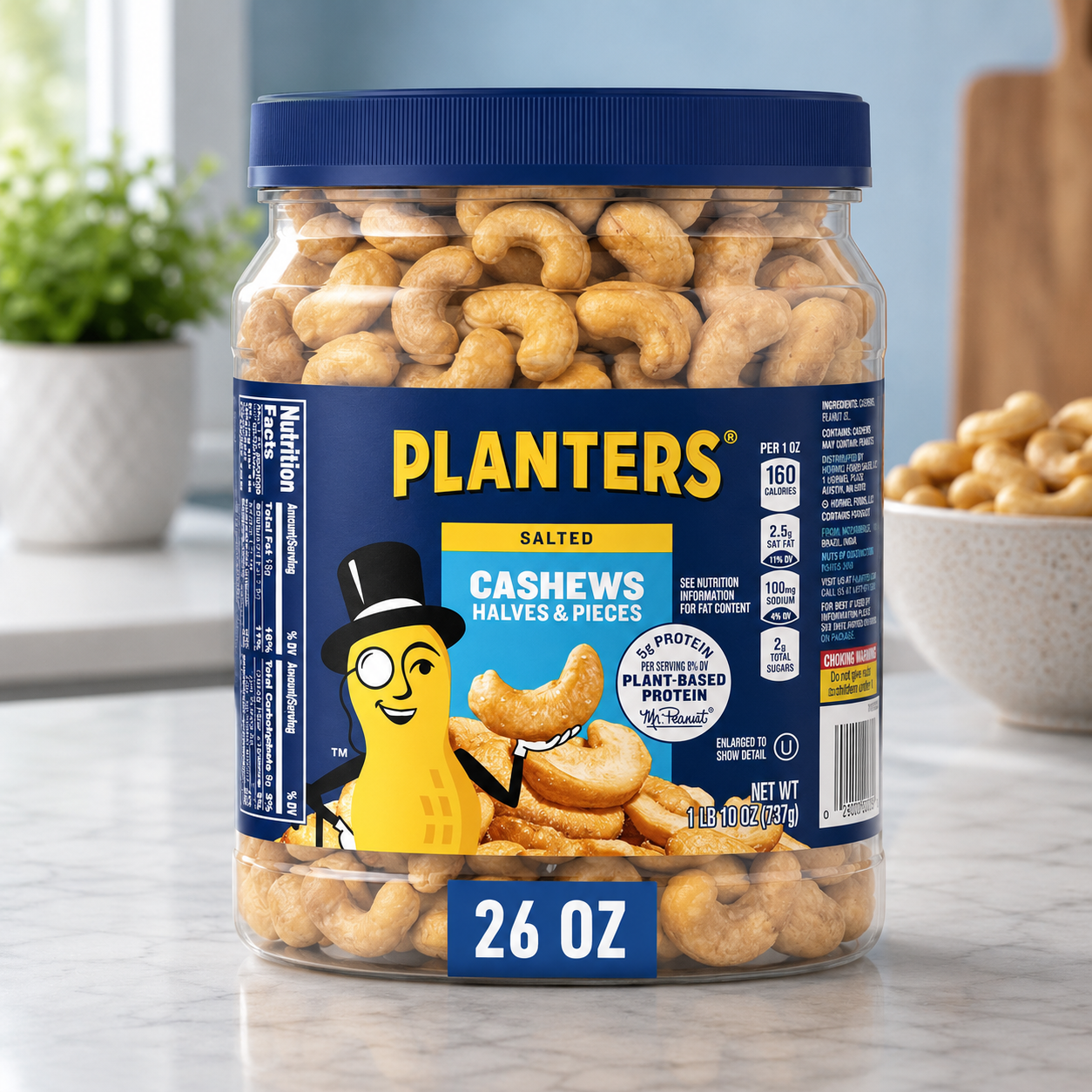 PLANTERS Salted Cashew Halves & Pieces, Roasted with Sea Salt, 26 oz Canister