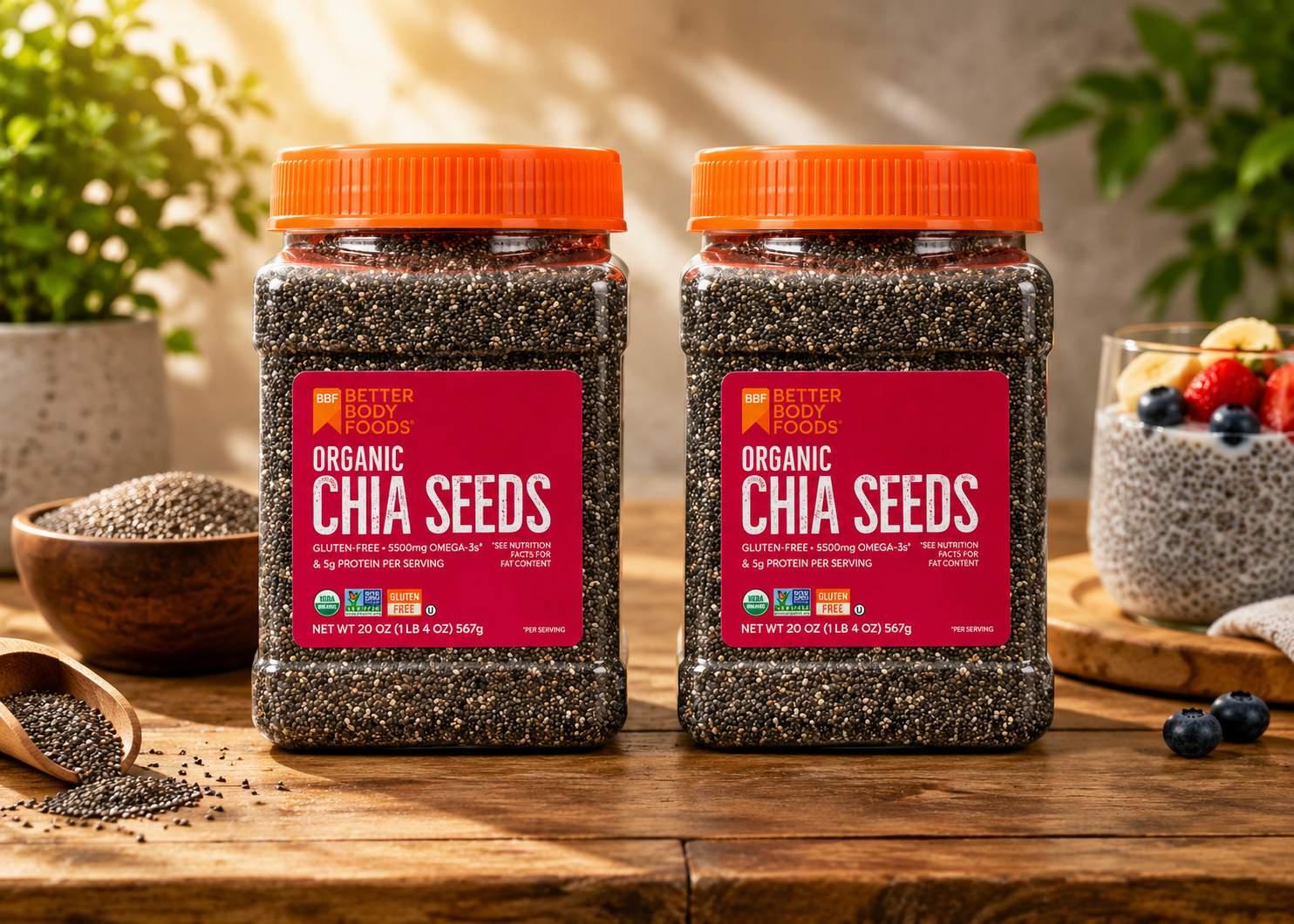 Better Body Foods Organic Chia Seeds, Pack of 2, 567g Airtight Jars