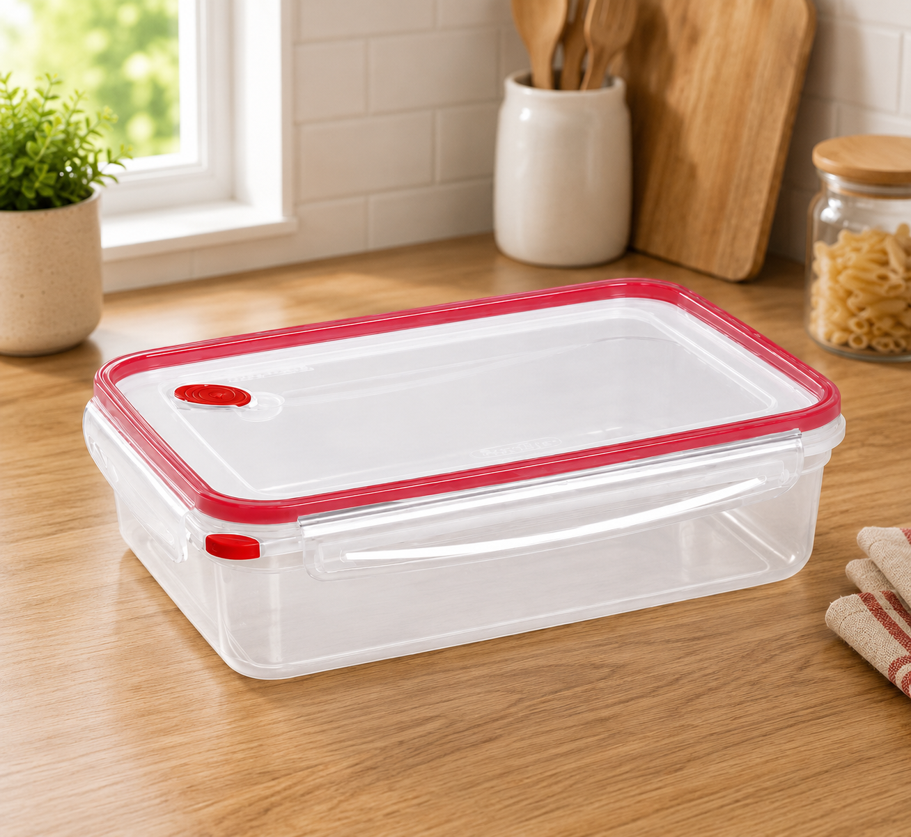 Sterilite Ultra-Seal Food Storage Container, Clear Rectangular, 16 Cup, Rocket Red Trim