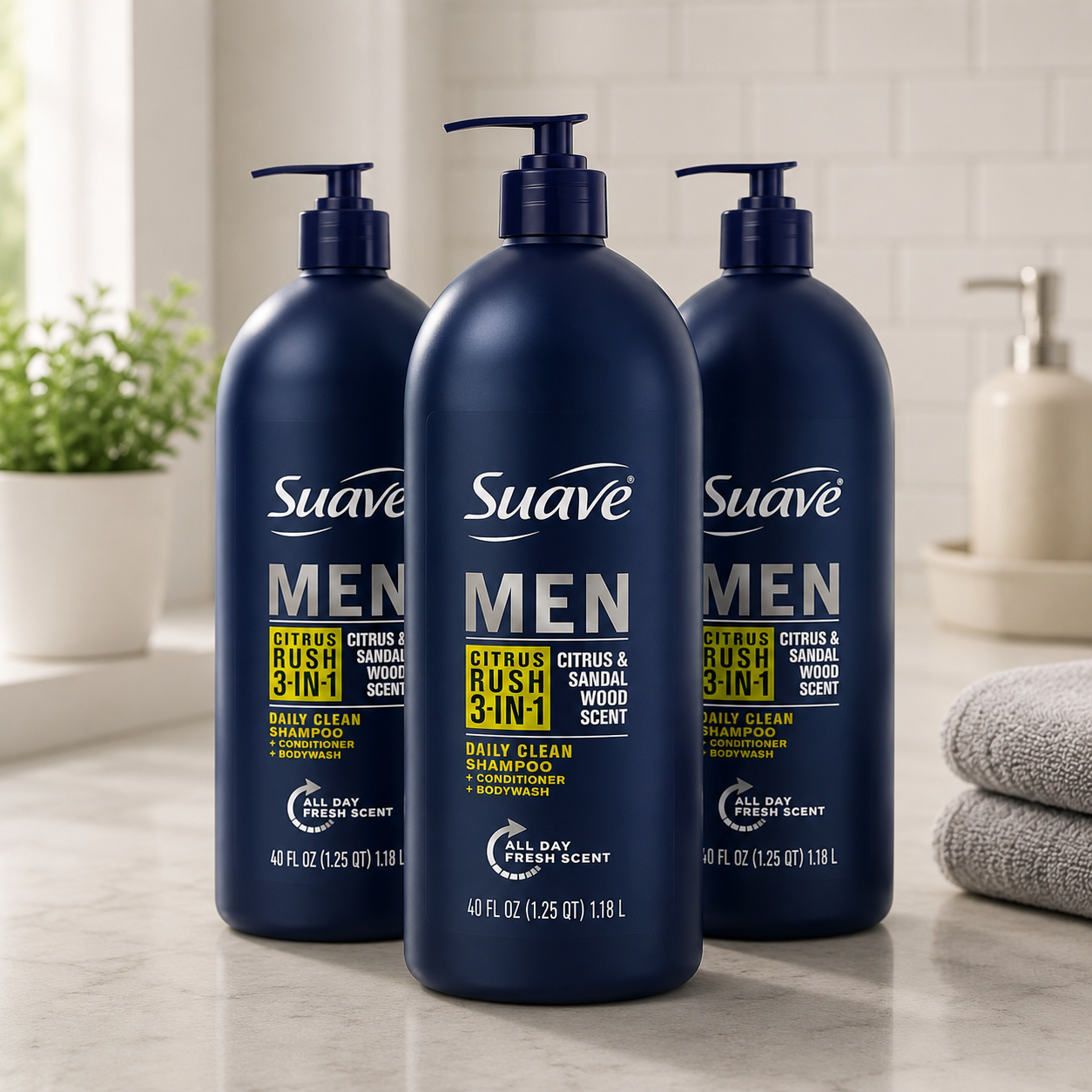 Suave Men 3-in-1 Shampoo, Conditioner & Body Wash, Citrus & Sandalwood, 40 oz (Pack of 3)