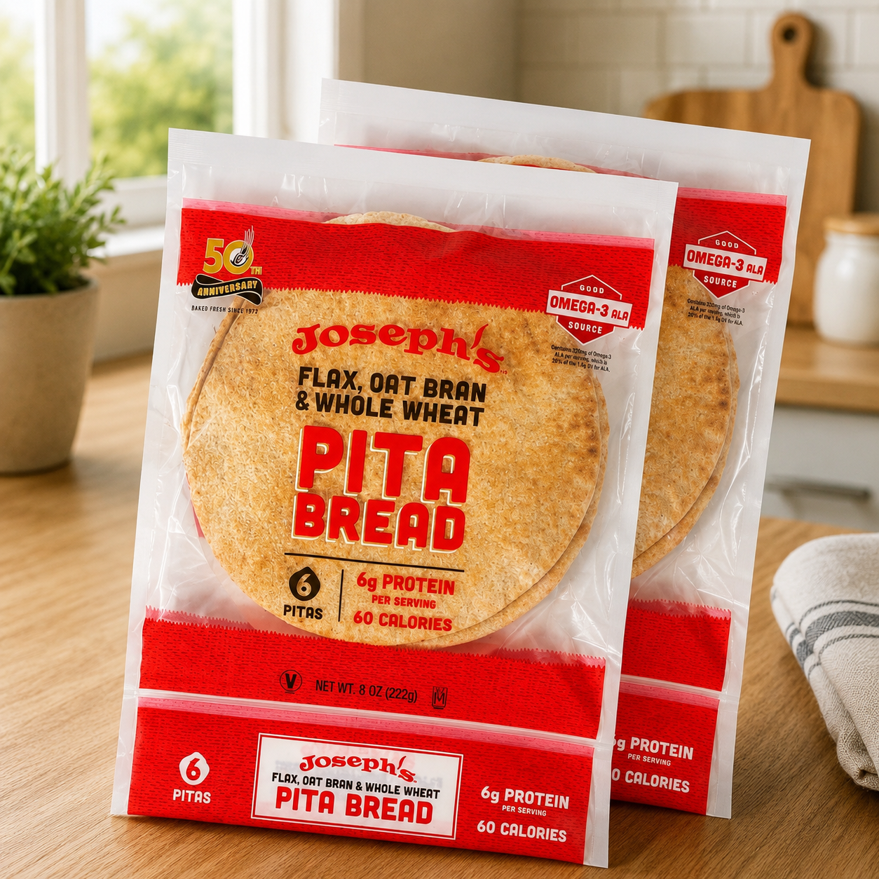 Joseph's Flax Pita Bread Value 3-Pack, Flax Oat Bran & Whole Wheat, 18 Pitas