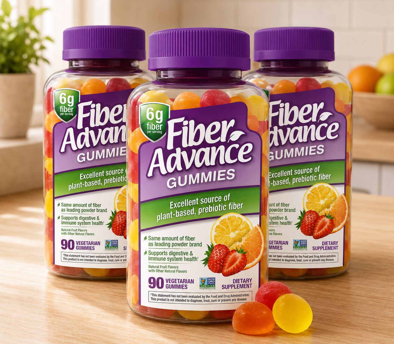 Fiber Advance Gummies Plant-Based Fiber Supplement for Digestive Health, Pack of 3
