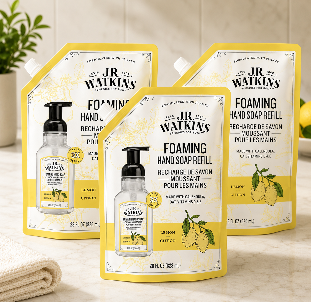 J.R. Watkins Foaming Hand Soap Refill, Lemon, 28 fl oz (Pack of 3)