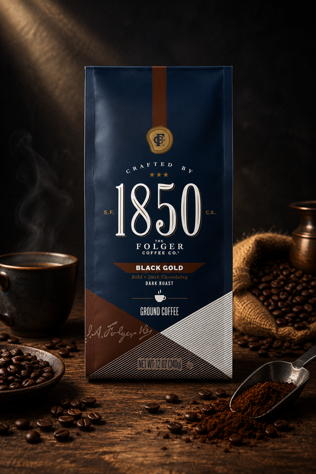 Folgers 1850 Black Gold Dark Roast Ground Coffee, 12 oz