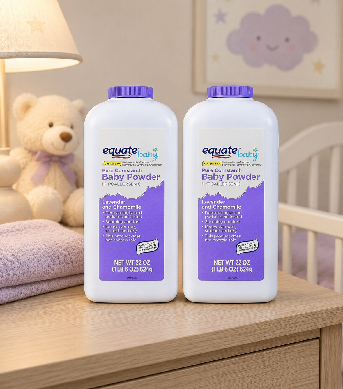 Equate Pure Cornstarch Baby Powder with Lavender & Chamomile (2 Pack)