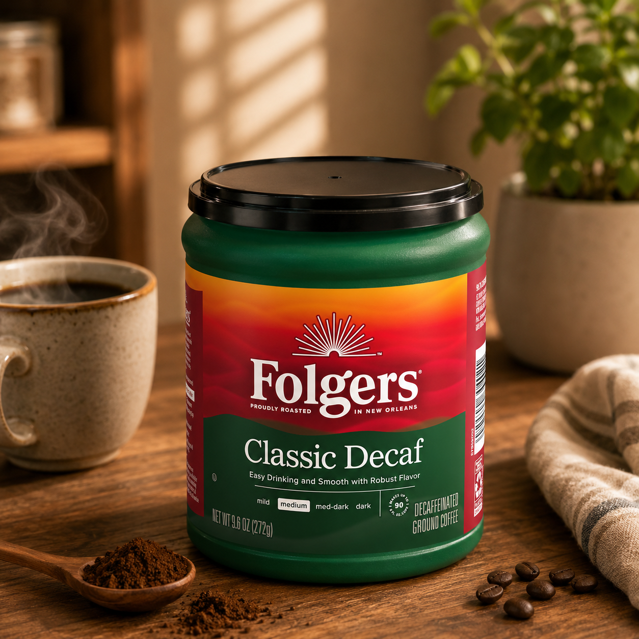 Folgers Decaf Ground Coffee, Classic Medium Roast, 9.6 Ounce Canister
