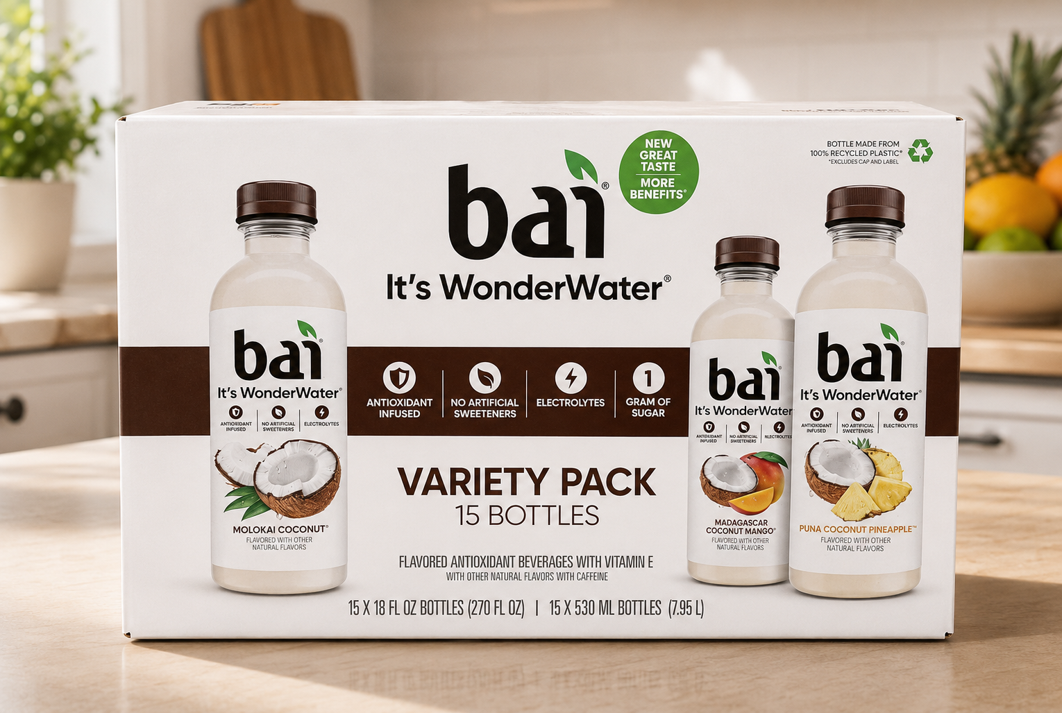Bai WonderWater Coconut Variety Pack, 18 oz Bottles, Pack of 15