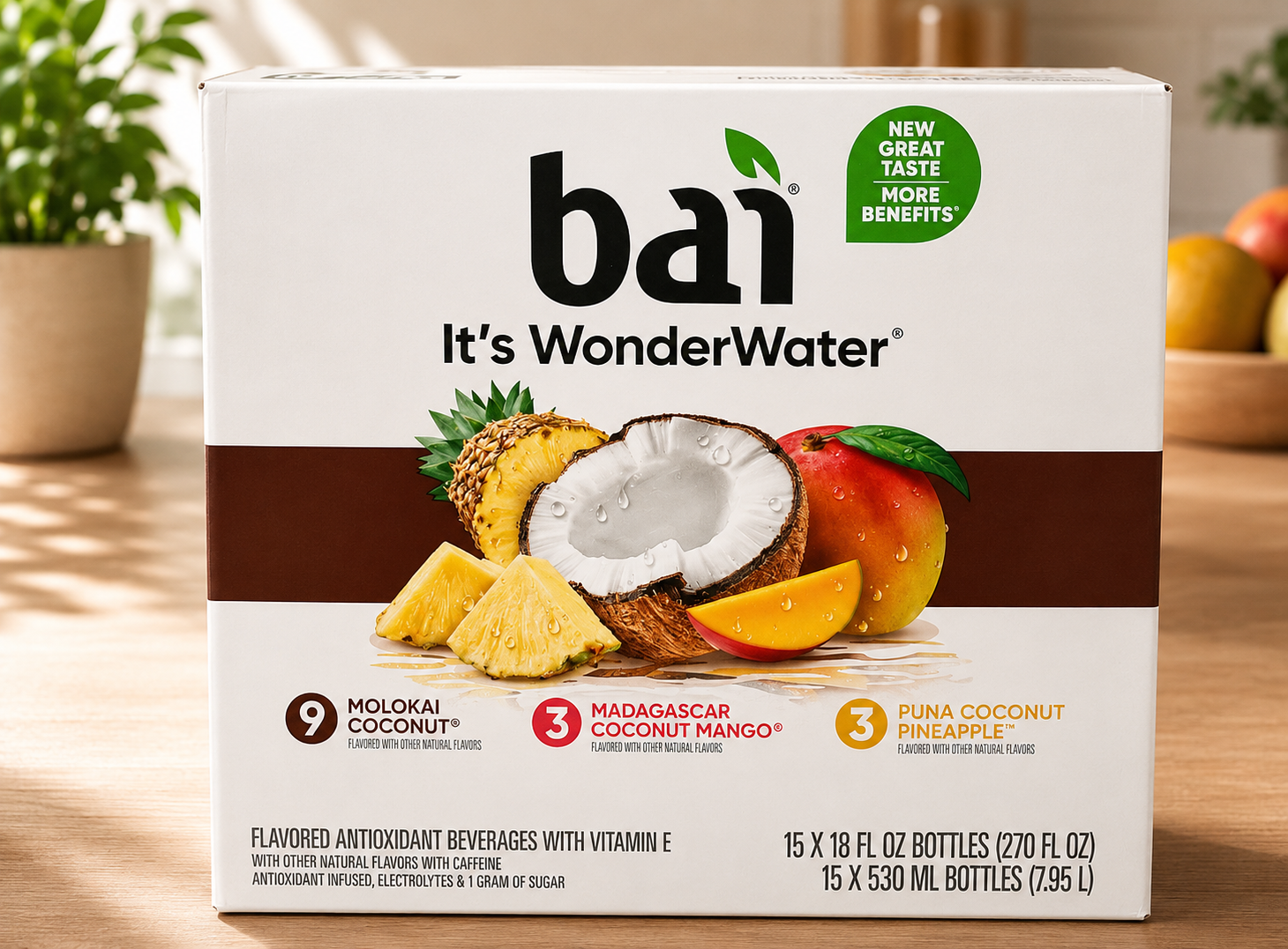 Bai WonderWater Coconut Variety Pack, 18 oz Bottles, Pack of 15