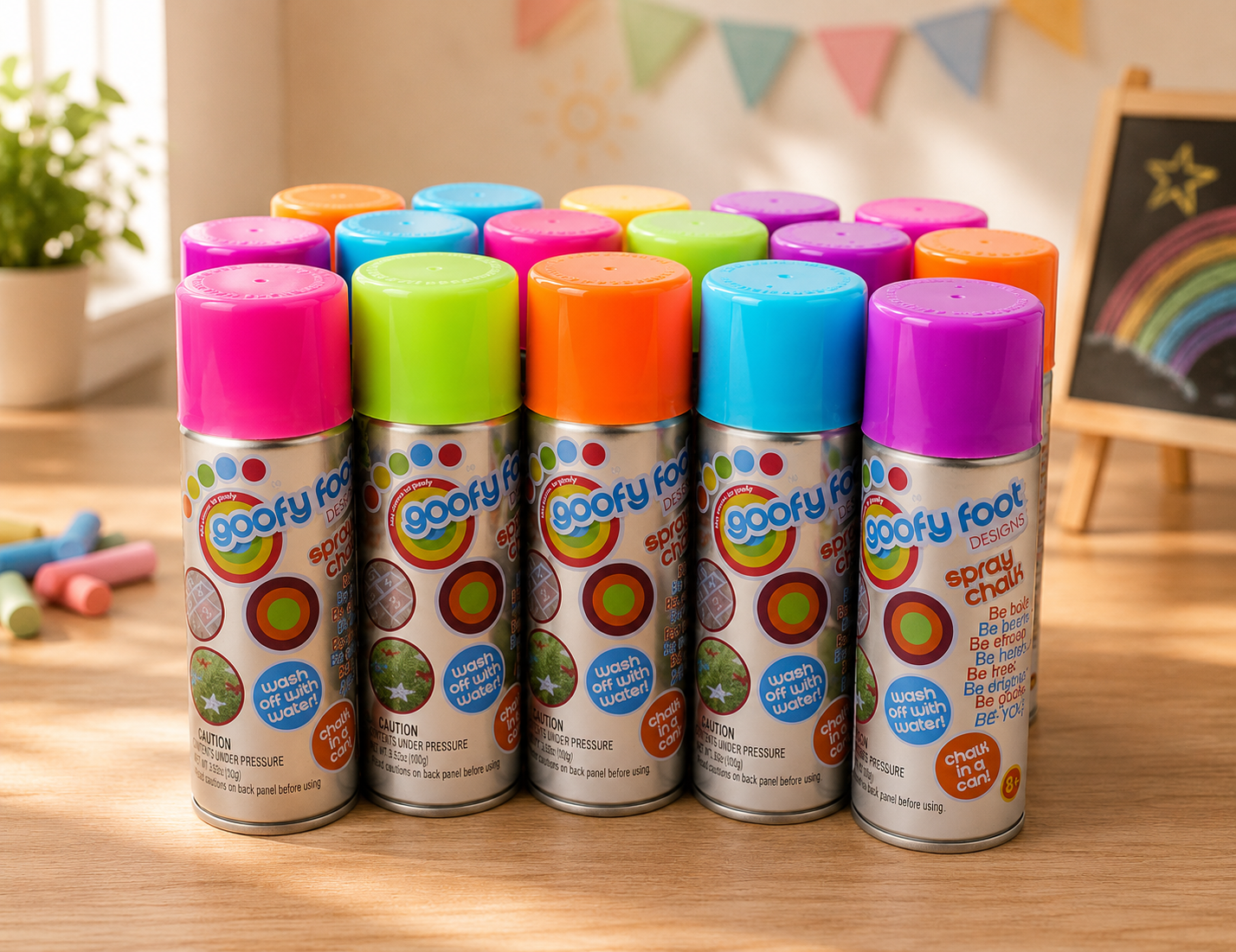 Kids Rainbow Spray Chalk, Water Washable, Bright Colors, 5 Pack